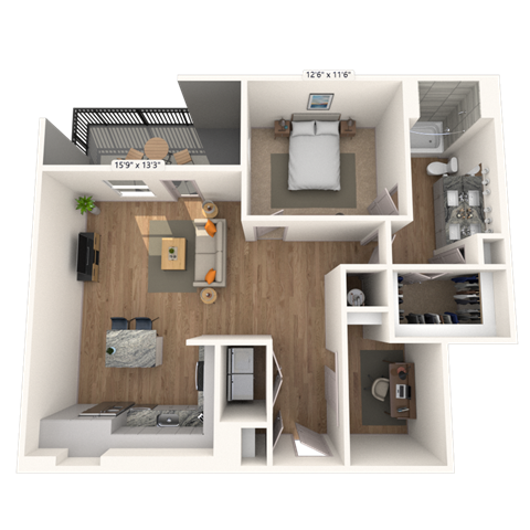 Floor plan for 1 bed, 1 bath, 996 sqft